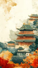 Fototapeta premium Green and gold traditional building illustration poster background