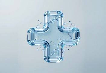 The plus icon is made of water, with water droplets around it. Light blue gradient background. Symbolizes purity, health, and hydration.