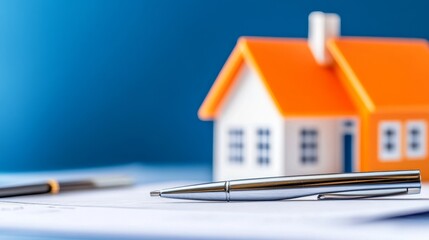 Close-up of a silver pen resting on documents with a small orange-roofed house model in background