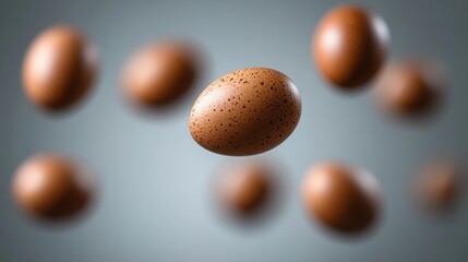 Floating brown speckled eggs, studio gray background