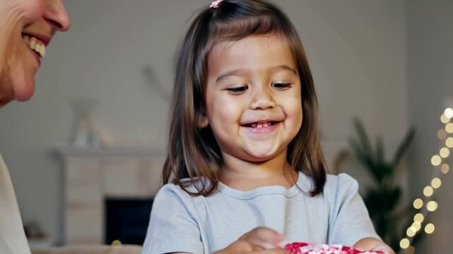A joyful child receives an Eidi envelope from grandparents, his/her face lighting up with happiness. The background has fairy lights and a warm family gathering.