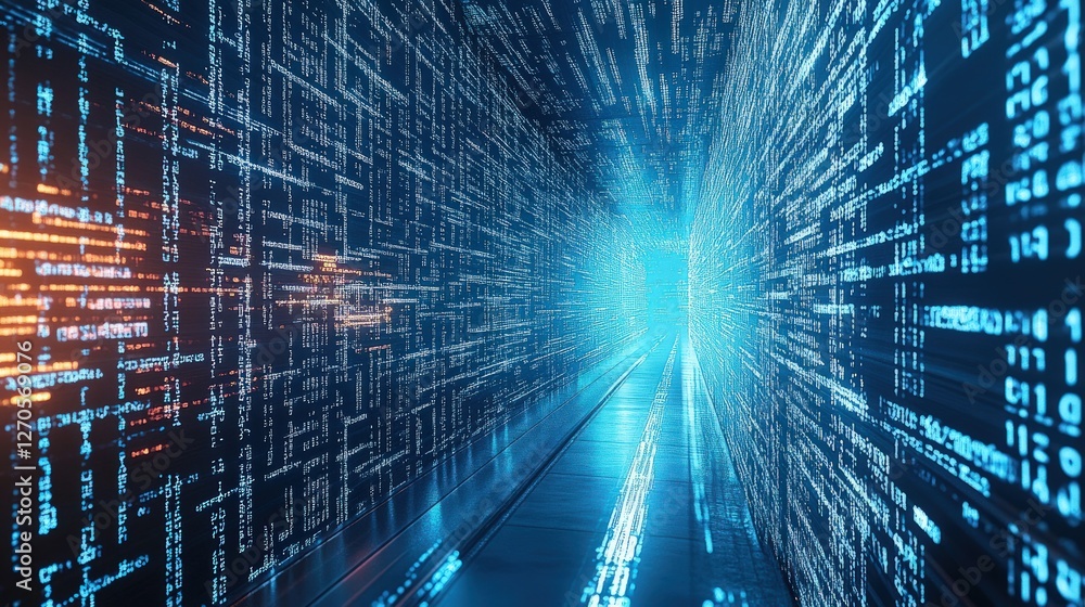 Poster glowing digital data streams in a futuristic tunnel
