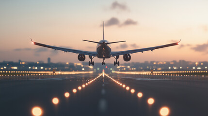 Soaring to New Heights: An airplane descends gracefully toward the runway, its lights illuminating the path as the sun sets in a blaze of glory.