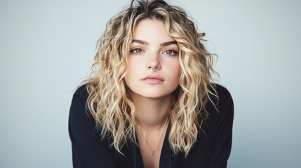 Fototapeta premium Young woman with curly blond hair showcases a nose piercing, emphasizing skin clarity and jewelry detail on a light gray backdrop in studio lighting