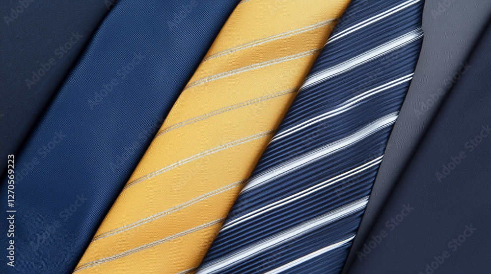 Poster stylish ties: an eye-level shot of neatly arranged, colorful ties featuring intricate patterns and t