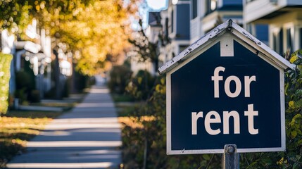 Obraz premium For Rent Sign On A Quiet Street, A House Available. Real Estate Opportunity On Sunny Day In Fall.