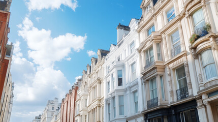 Fototapeta premium Architectural Elegance: Capturing the allure of an urban cityscape, a row of exquisite buildings stands against a vibrant blue sky. A perfect blend of historical charm and modern life.