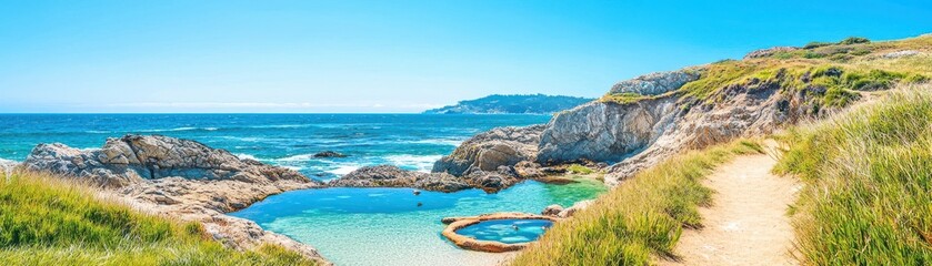 Fototapeta premium Scenic coastal landscape with turquoise waters and lush greenery under a clear blue sky.