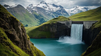 Fototapeta premium Majestic Waterfall Surrounded by Snowy Mountains and Lush Greenery in a Scenic Landscape
