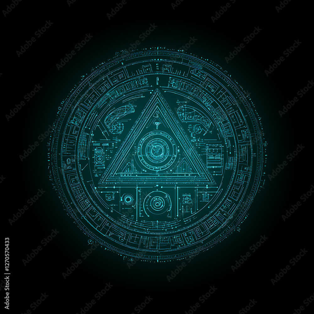 Poster complex circle geometric pattern with triangle element detailed technology drawing artistic render