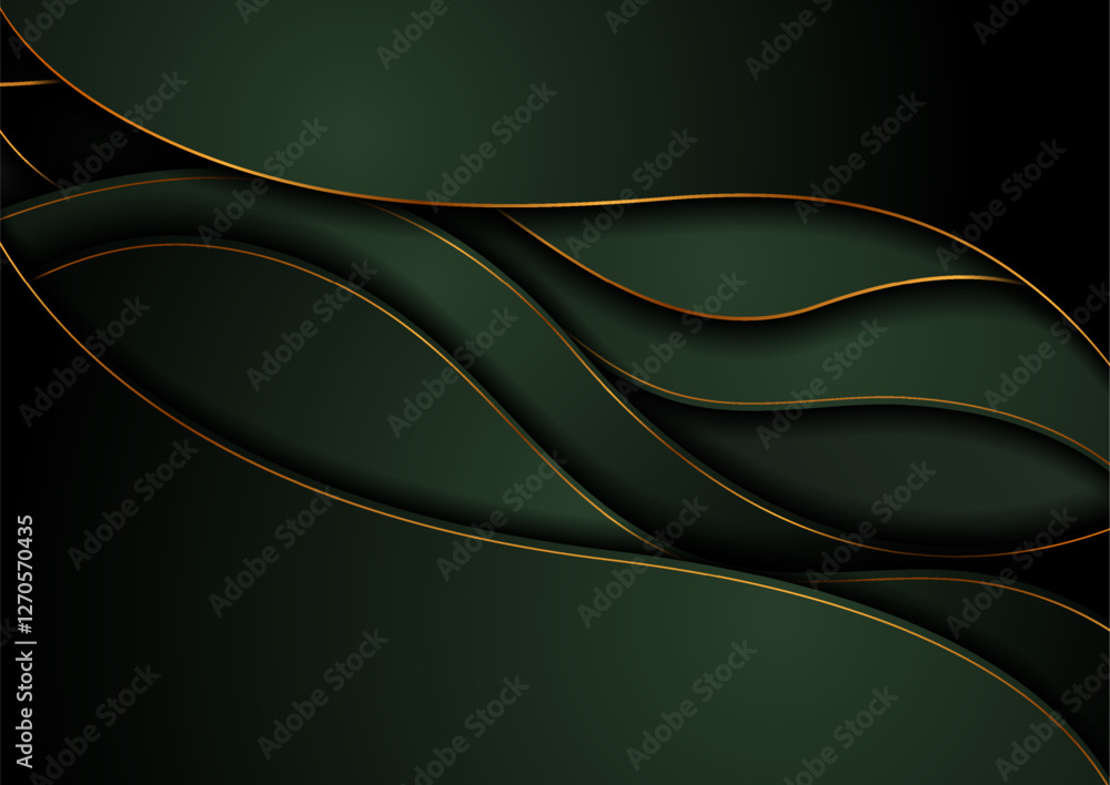 Poster golden curved wavy lines and green waves abstract minimal background. vector corporate graphic desig