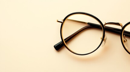 Stylish round glasses resting on a soft beige surface, emphasizing minimalist design and elegance