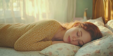A serene image of a woman resting on her bed with eyes closed, conveying a sense of peace and comfort.