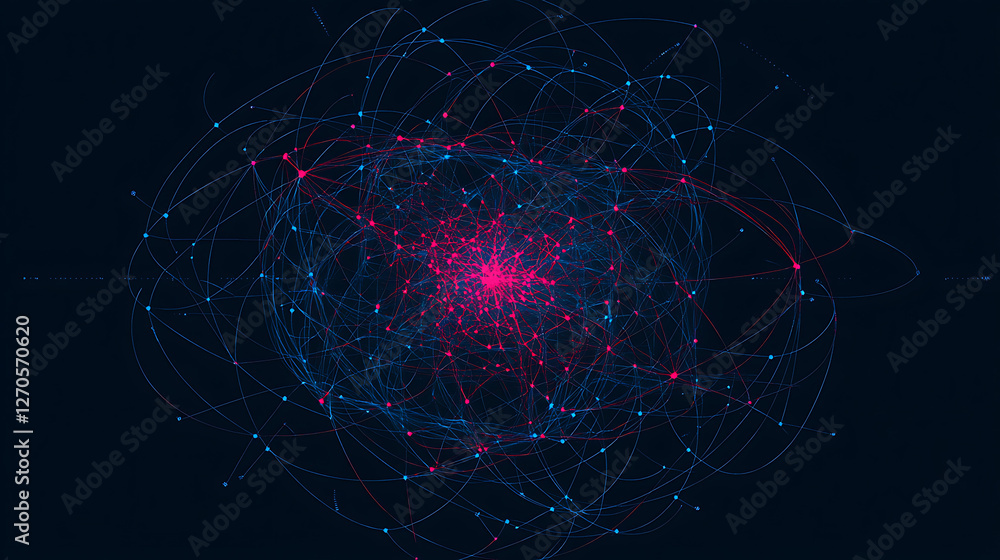 Poster complex network visualization with interconnected nodes and lines forming an abstract technological 