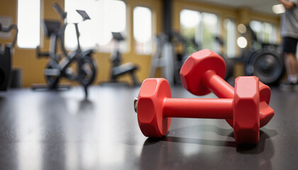 Fototapeta premium Red dumbbells positioned on sleek gym floor, fitness motivation