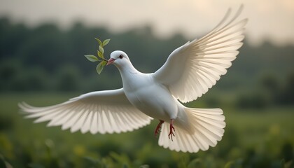 Obraz premium White Dove in Flight with Green Branch
