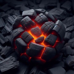 Fototapeta premium detailed, high-resolution still of compacted charcoal pieces interspersed with glowing embers. 
