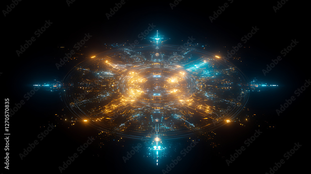 Poster concentric geometric patterned structure with radiating light for technological innovation and progr