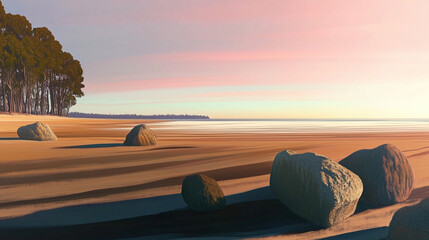 Rocks on sandy beach at sunset for peaceful spring break getaway