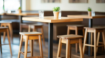 Cafe Interior: Clean, modern cafe interior with wooden tables and stools, simple decor, and a sense of calm. Capture the subtle lighting and the simplicity of the furnishings.