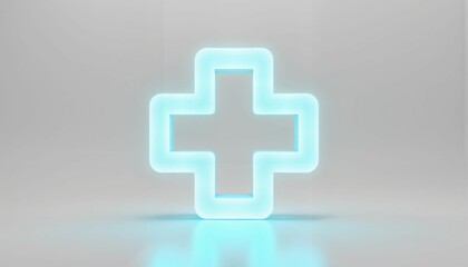 Obraz premium Minimalist neon blue medical cross symbol glowing above white surface, health awareness