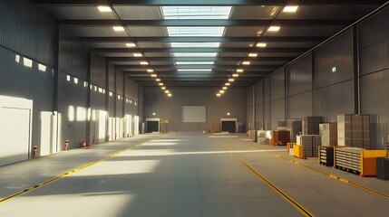 Large clean warehouse with bright lighting and organized storage racks.