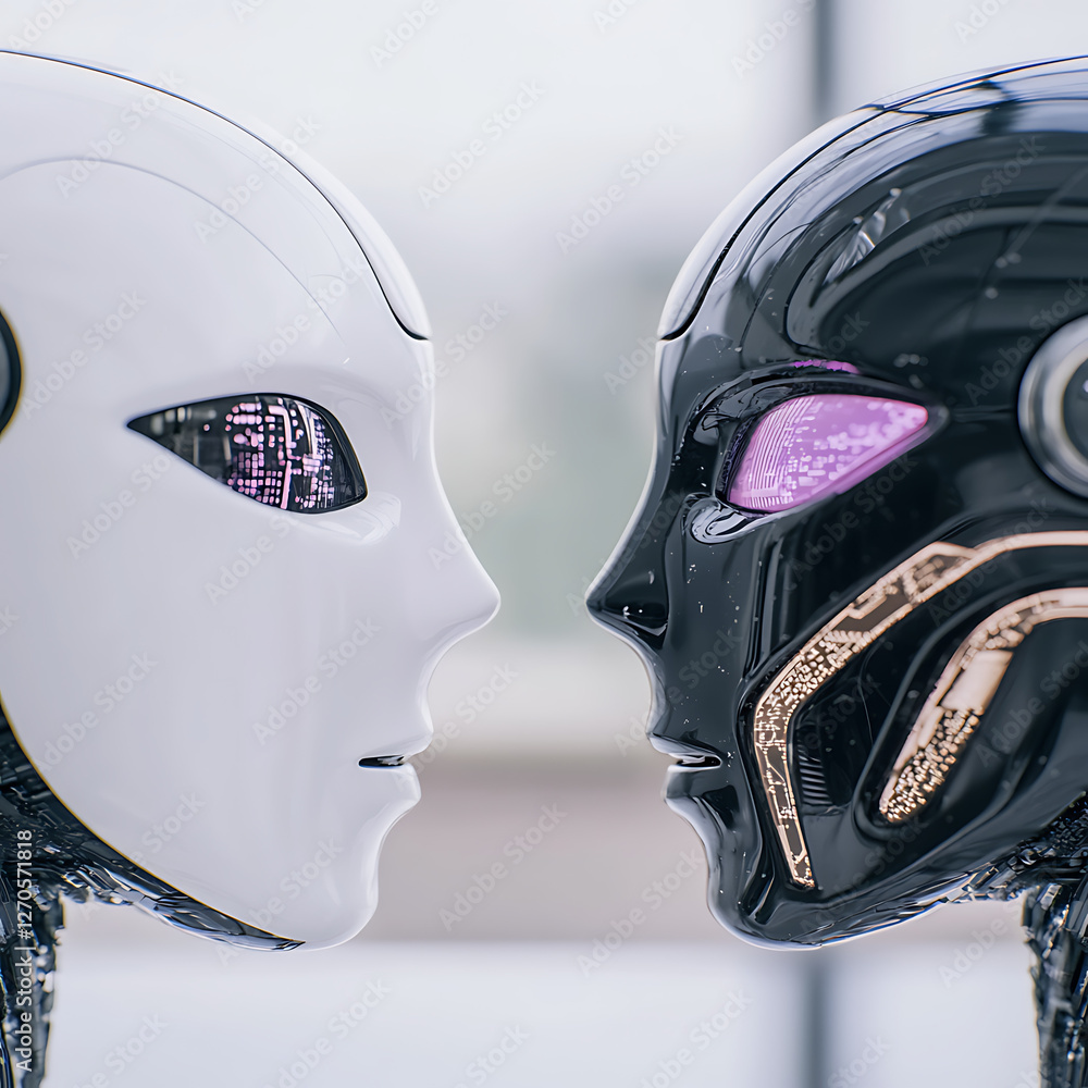 Poster contrasting faces of artificial intelligence androids facing each other in a futuristic world