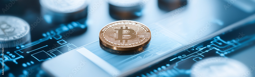Poster bitcoin on the digital frontier: a close-up view of a golden bitcoin gleaming on a circuit board, ca