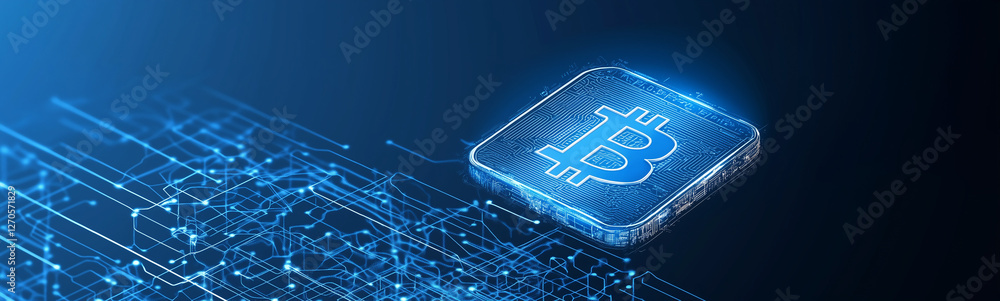 Poster illuminating the digital frontier: a luminous bitcoin symbol glows amidst a complex network of circu