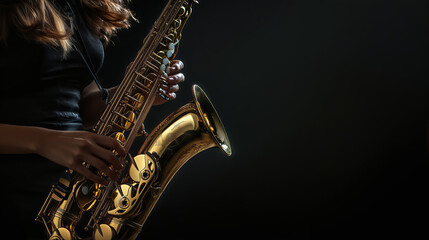 Obraz premium Young man playing saxophone. Saxophone in the hands in a concert. Person playing saxophone musical instrument on stage. 