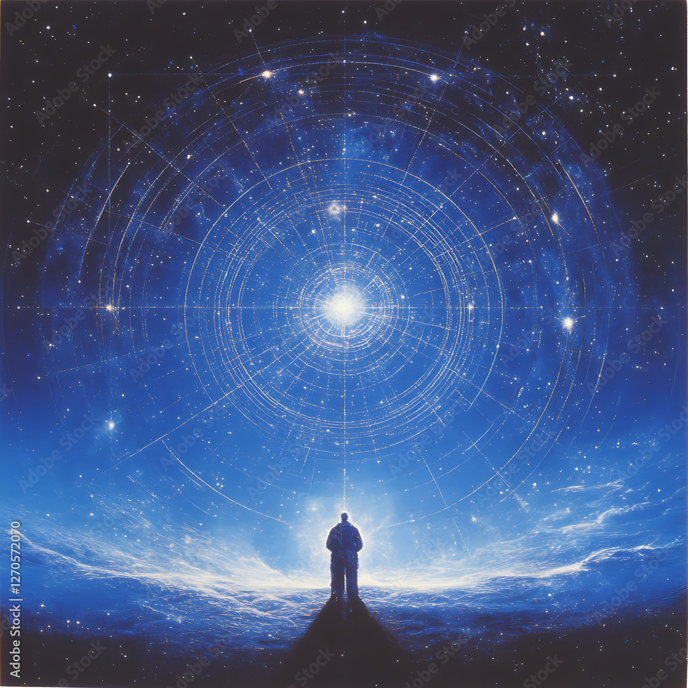 Poster cosmic alignment encounter awe and wonder silhouette figure staring into the universe portal way