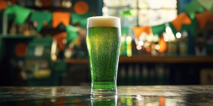 Green beer in a glass on a table, celebrating St. Patrick's Day