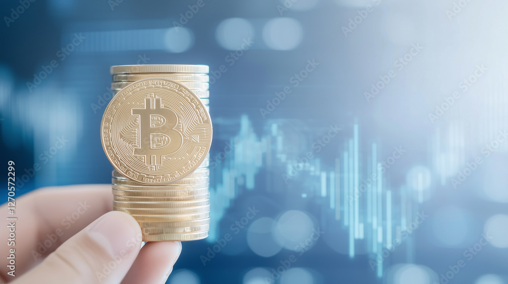 Poster bitcoin investment: close-up of a hand holding a stack of gold bitcoin coins in front of a blurred c