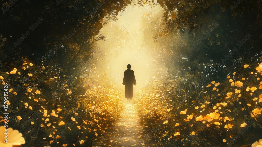 Canvas Prints A garden with ethereal beauty, golden flowers, and a path leading to a divine silhouette