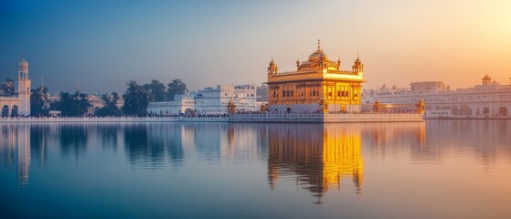 Naklejka premium Golden Temple In Amritsar India Reflecting In Holy Lake At Sunrise. A Serene, Spiritual Landmark.