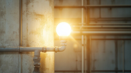 Industrial Glow: A close-up shot captures a complex network of pipes against the backdrop of a massive industrial structure, bathed in the warm glow of overhead lights.