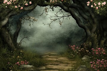 Misty forest path, rose arch, fantasy background