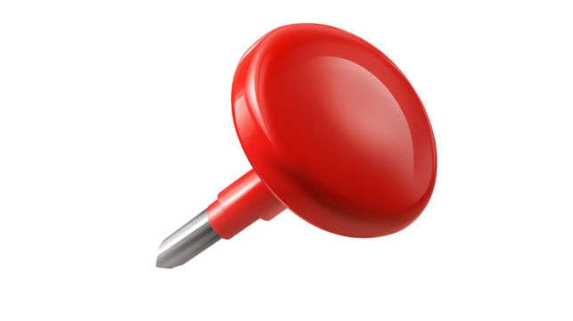 A red push pin is isolated on a transparent background in PNG format.