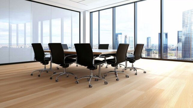Modern conference room with large windows overlooking a city skyline and wooden flooring
