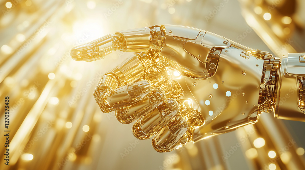 Poster golden handshake of the future: a highly detailed, photorealistic image of a golden robotic hand ext