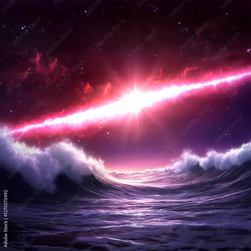 Poster cosmic ocean waves under a brilliant celestial light source in space scene display fantasy art