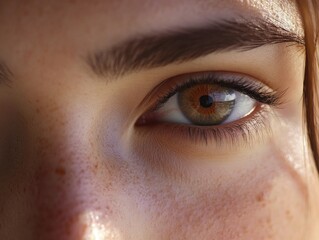 Obraz premium Close-up of a woman's eye with visible freckles and sunlight creating a vivid, textured effect.