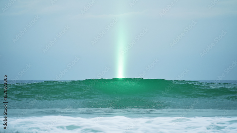 Poster wave of light: a captivating image of a striking light beam erupting from the crest of an ocean wave