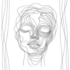 Portrait of a fashionable young beautiful girl with. Vector linear drawing. Black and white female portrait.