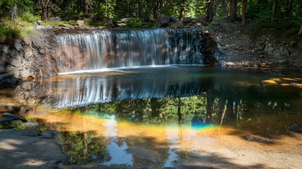 A cascading waterfall reflecting a rainbow in a serene forest setting