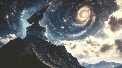 Telescope on a mountain observes a swirling galaxy a cosmic exploration concept ideal for astronomy and science presentations