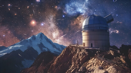 Astronomical observatory on a mountain peak illuminated by a vibrant starry night sky ideal for science and exploration themes