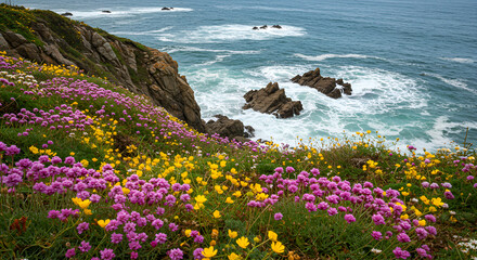 Rolling waves and vibrant coastal wildflowers, illustrating the seamless blend of these seaside features and the lively mood they create.