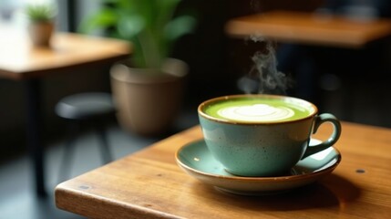Fototapeta premium Warm Matcha Latte on Wooden Tabletop in Cozy Cafe Setting
