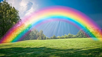A colorful rainbow arching over a tranquil green meadow, evoking happiness